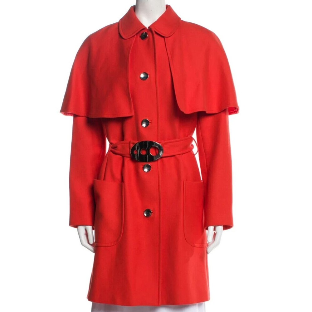 Designer Paul & Joe Red Wool Blend Cape & Patch Pockets Button Closure Trench M